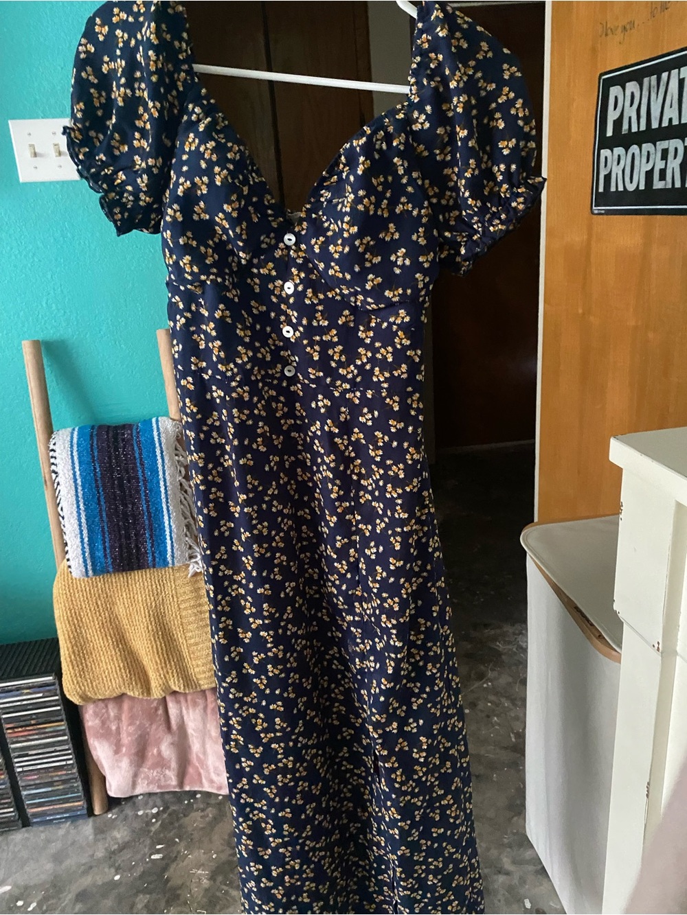 Altar'd State Navy & Yellow Floral Puff-Sleeve Midi Dress